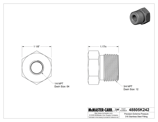 Technical drawing of Precision Extreme-Pressure 316 Stainless Steel Fitting, Bushing Reducing Adapter, 3/4 Male x 1/4 Female NPT.